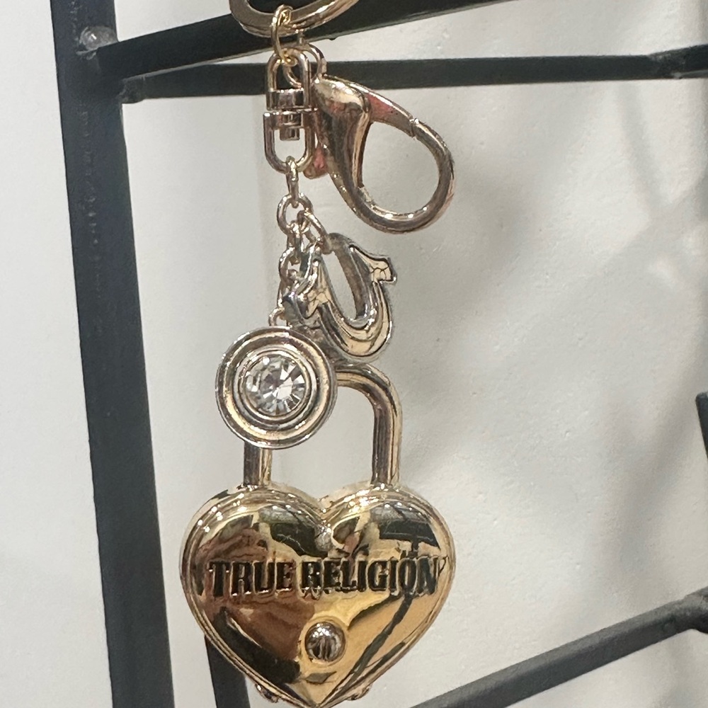 True Religion Gold Heart Keychain Bag Charmwith Crystal Accent